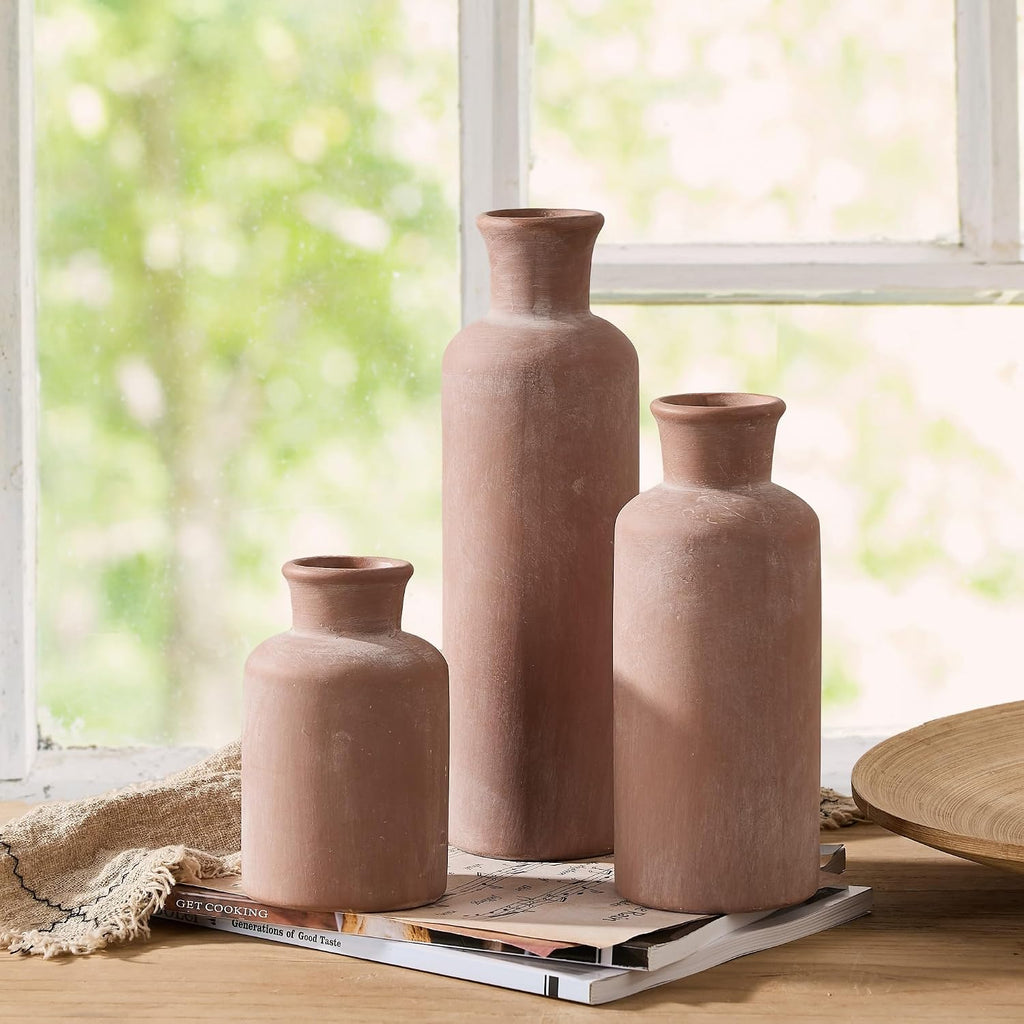 Ceramic Rustic Farmhouse Vase Set of 3, Whitewashed Terracotta Vases, Clay Decorative Vases for Home Decor, Living Room, Shelf, Mantel Decoration(Brick-Red)