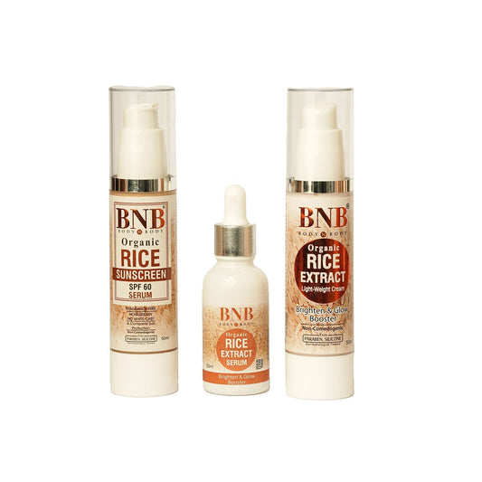 BNB Radiant Rice Trio ( Rice Sunscreen Spf + Rice Serum + Rice Cream)