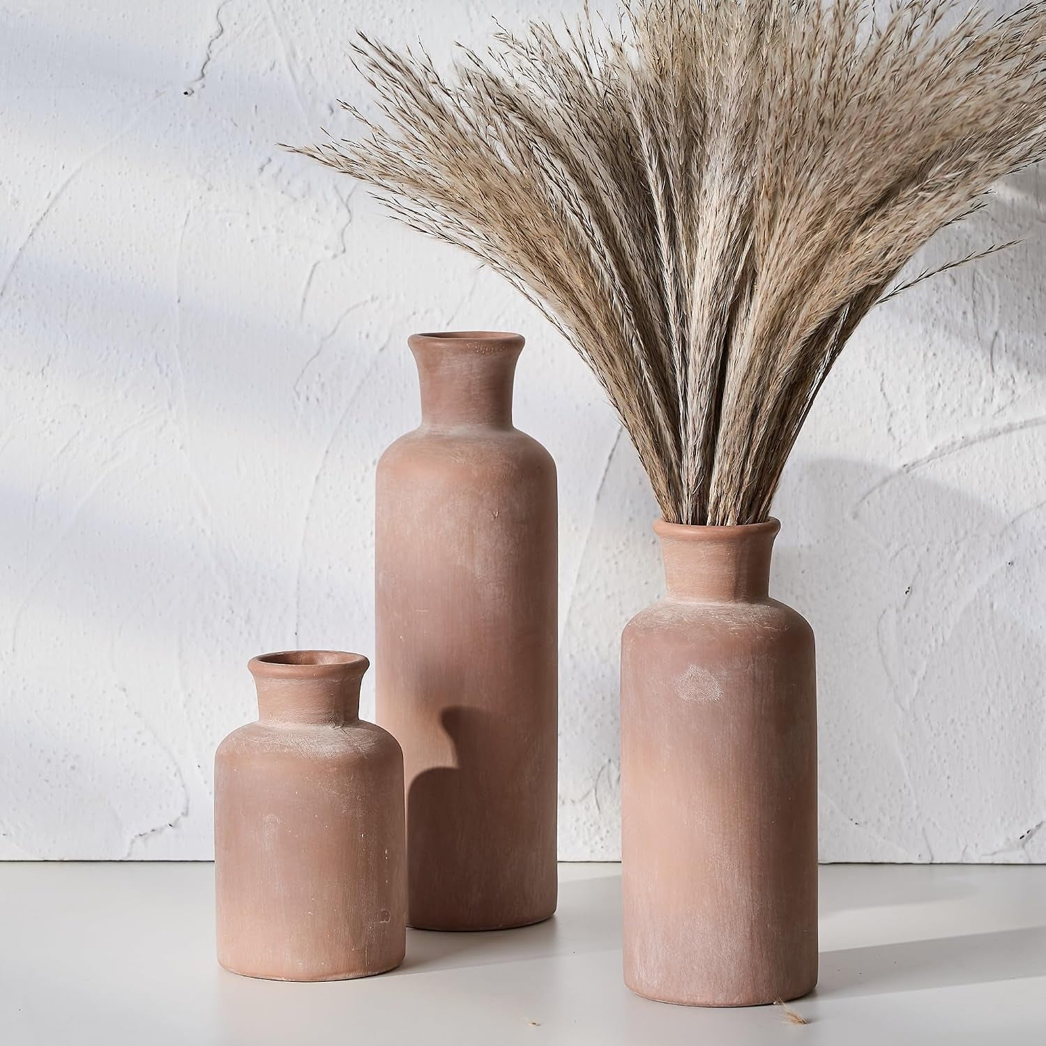 Ceramic Rustic Farmhouse Vase Set of 3, Whitewashed Terracotta Vases, Clay Decorative Vases for Home Decor, Living Room, Shelf, Mantel Decoration(Brick-Red)