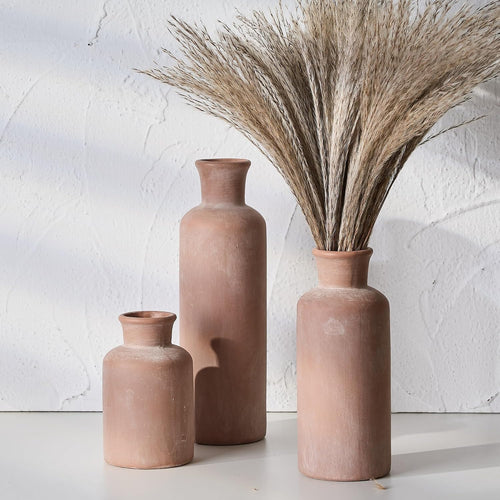 Ceramic Rustic Farmhouse Vase Set of 3, Whitewashed Terracotta Vases, Clay Decorative Vases for Home Decor, Living Room, Shelf, Mantel Decoration(Brick-Red)