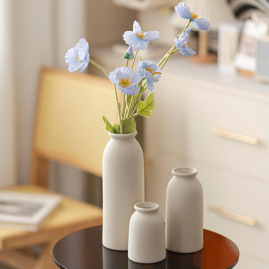 Set of 3 Small Ceramic Vases for Home Decor & Table Centrepieces, Rustic Farmhouse Style, Mini Decorative Flower Vases (Beige)