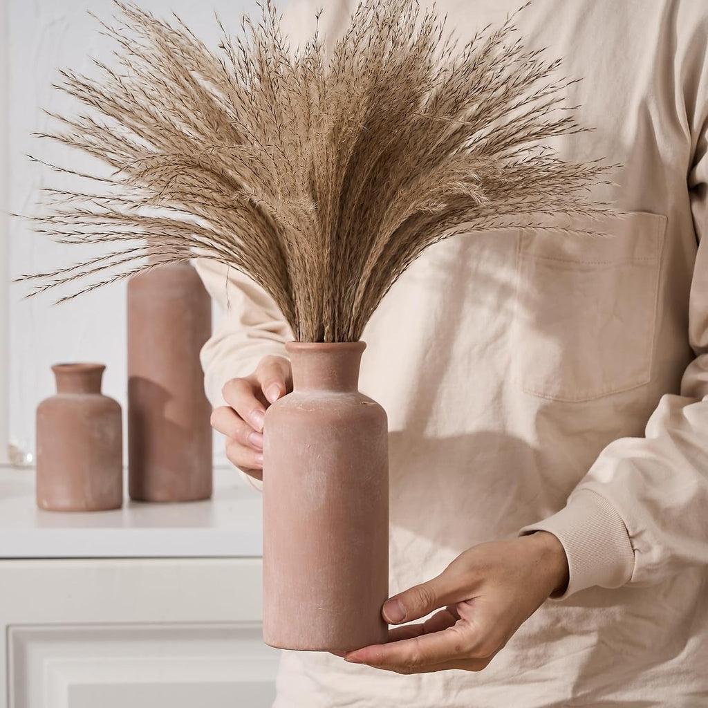 Ceramic Rustic Farmhouse Vase Set of 3, Whitewashed Terracotta Vases, Clay Decorative Vases for Home Decor, Living Room, Shelf, Mantel Decoration(Brick-Red)