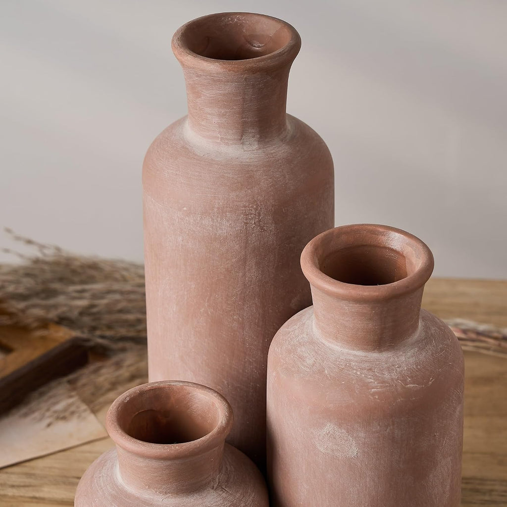 Ceramic Rustic Farmhouse Vase Set of 3, Whitewashed Terracotta Vases, Clay Decorative Vases for Home Decor, Living Room, Shelf, Mantel Decoration(Brick-Red)