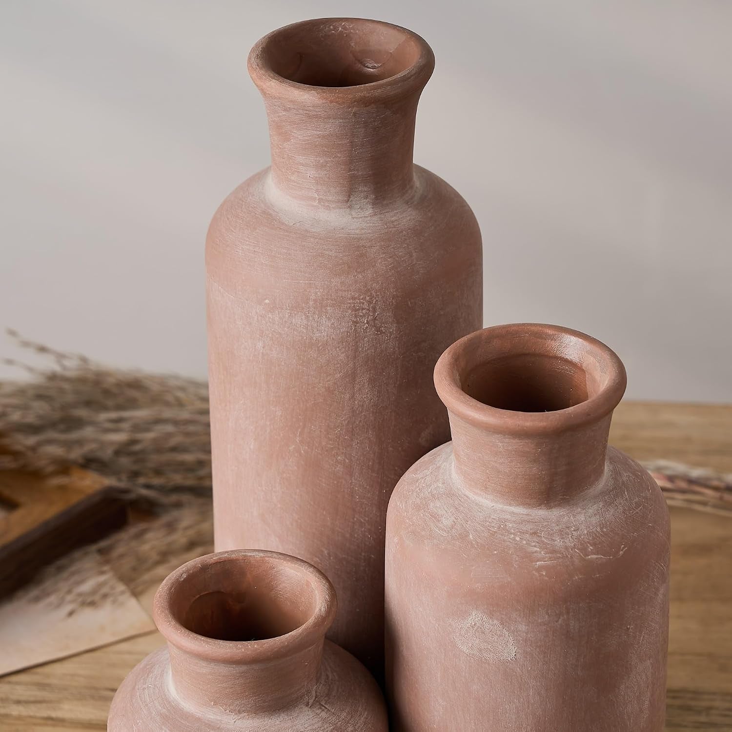Ceramic Rustic Farmhouse Vase Set of 3, Whitewashed Terracotta Vases, Clay Decorative Vases for Home Decor, Living Room, Shelf, Mantel Decoration(Brick-Red)