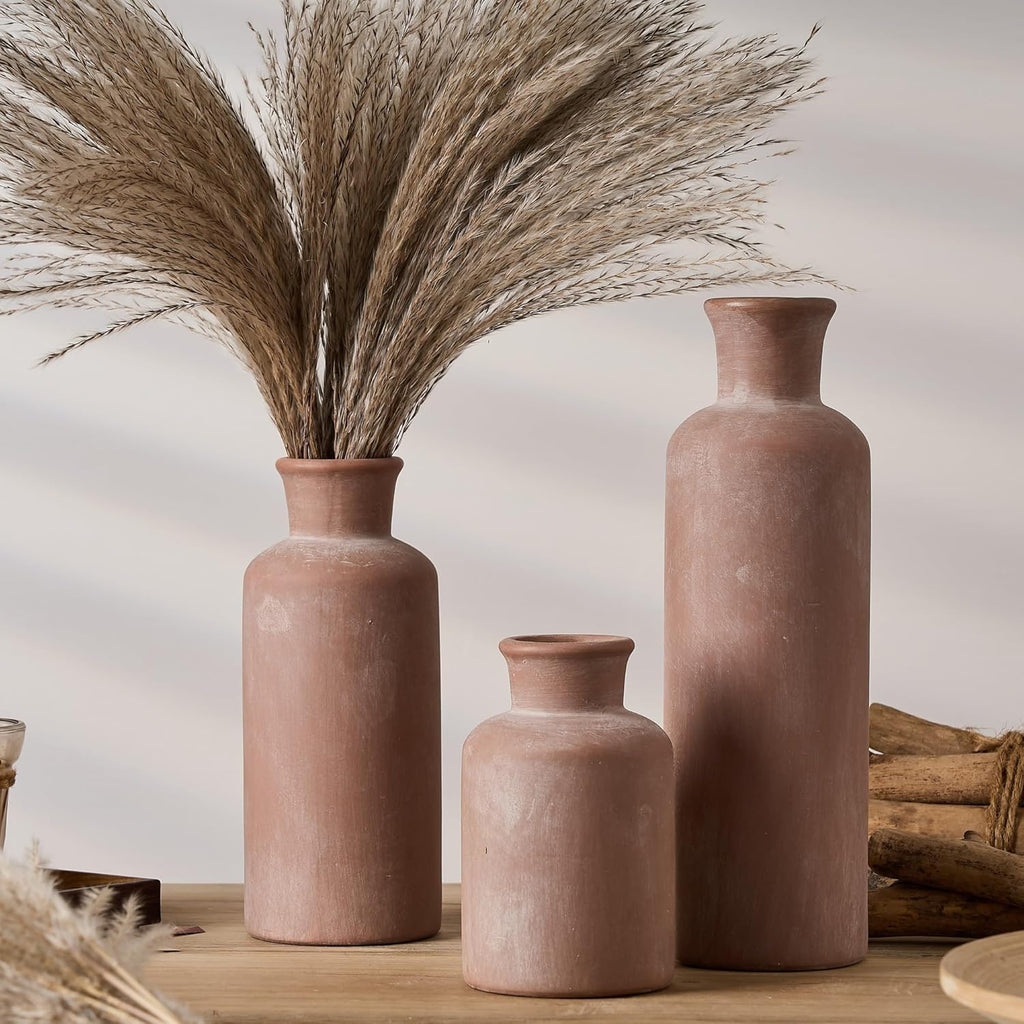 Ceramic Rustic Farmhouse Vase Set of 3, Whitewashed Terracotta Vases, Clay Decorative Vases for Home Decor, Living Room, Shelf, Mantel Decoration(Brick-Red)