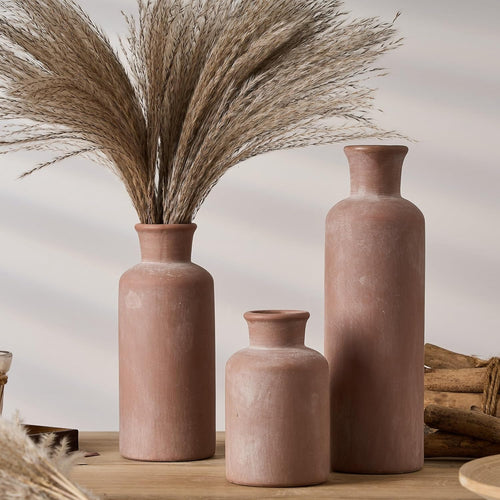 Ceramic Rustic Farmhouse Vase Set of 3, Whitewashed Terracotta Vases, Clay Decorative Vases for Home Decor, Living Room, Shelf, Mantel Decoration(Brick-Red)