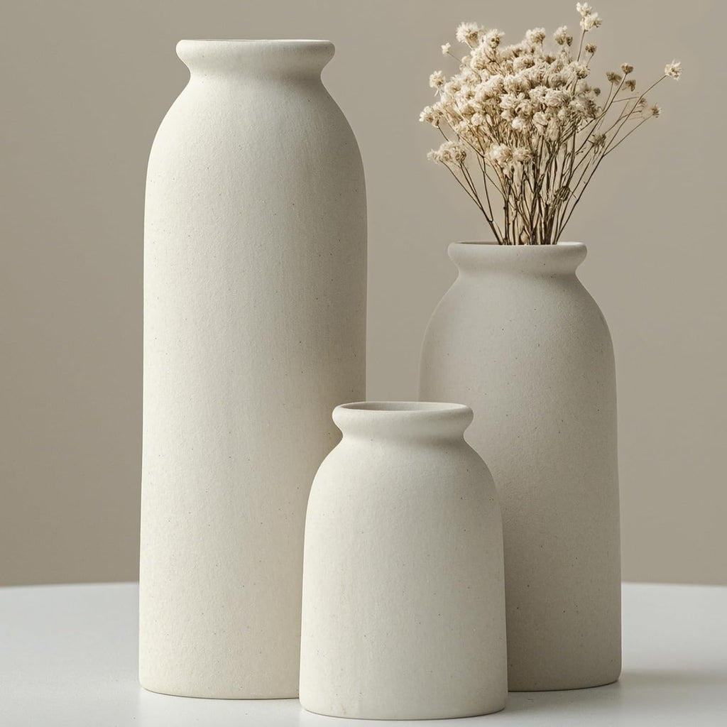 Set of 3 Small Ceramic Vases for Home Decor & Table Centrepieces, Rustic Farmhouse Style, Mini Decorative Flower Vases (Beige)