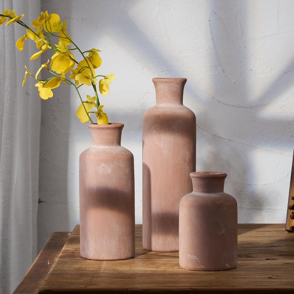 Ceramic Rustic Farmhouse Vase Set of 3, Whitewashed Terracotta Vases, Clay Decorative Vases for Home Decor, Living Room, Shelf, Mantel Decoration(Brick-Red)