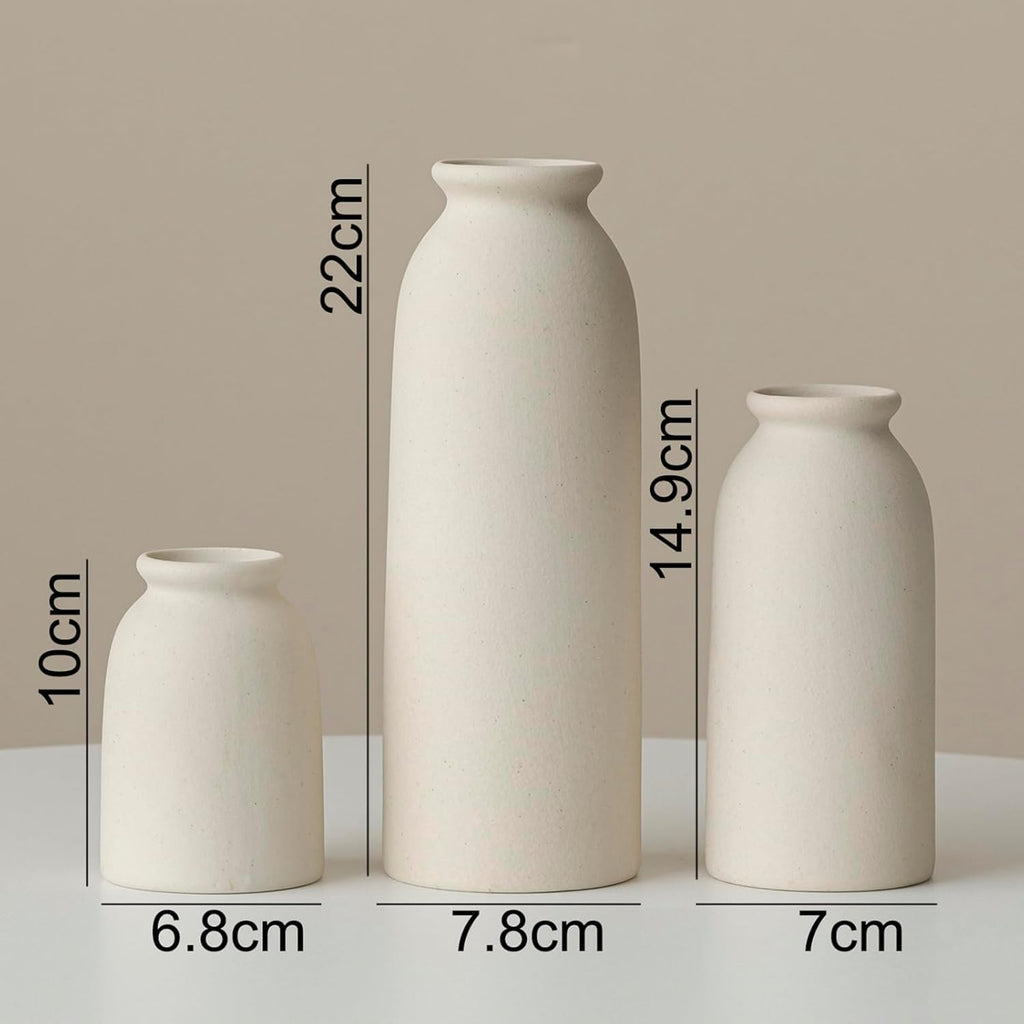 Set of 3 Small Ceramic Vases for Home Decor & Table Centrepieces, Rustic Farmhouse Style, Mini Decorative Flower Vases (Beige)