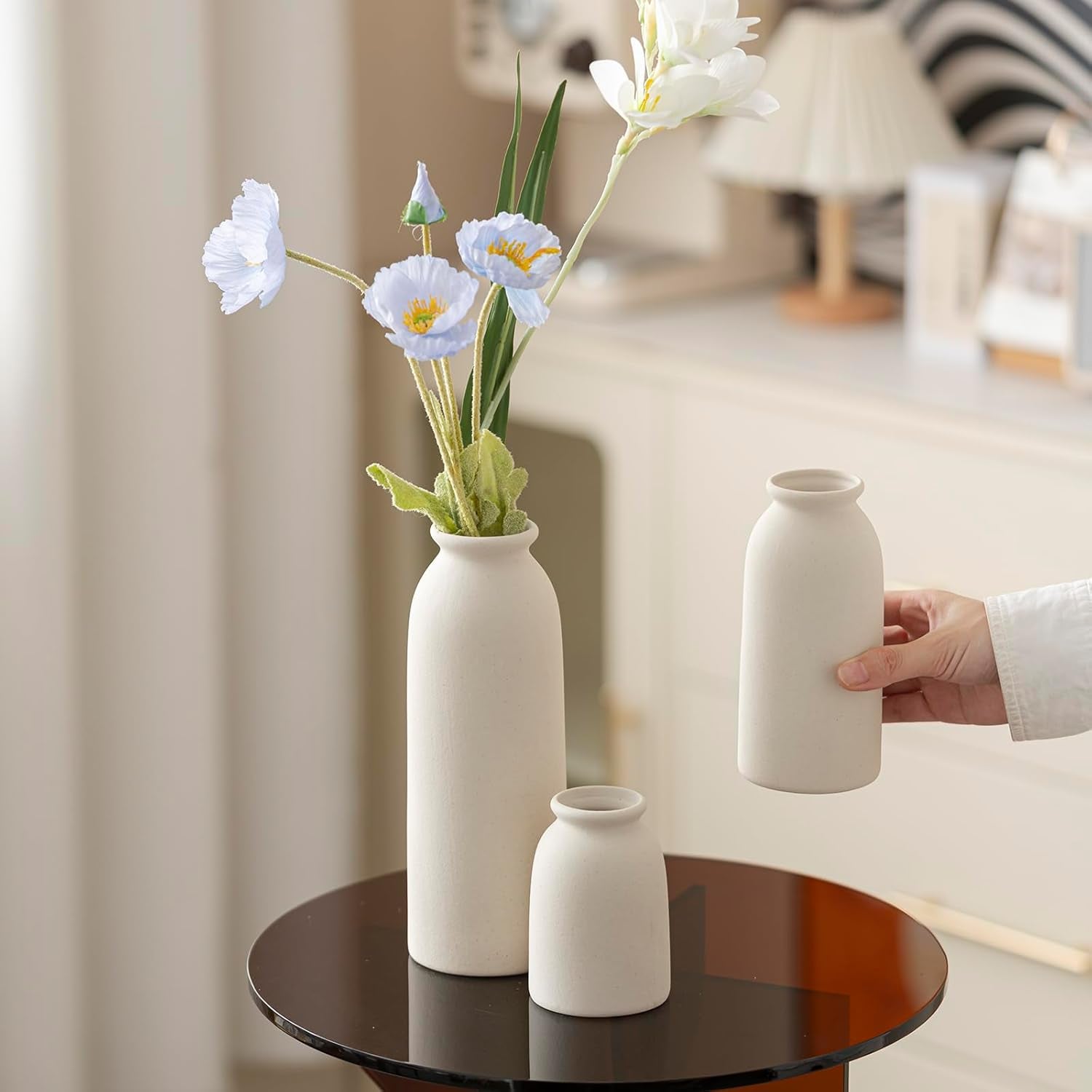 Set of 3 Small Ceramic Vases for Home Decor & Table Centrepieces, Rustic Farmhouse Style, Mini Decorative Flower Vases (Beige)